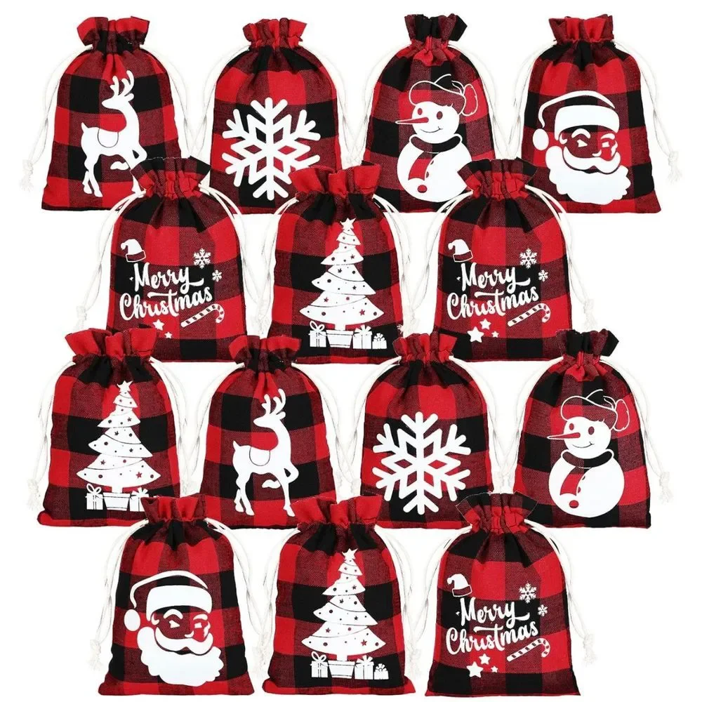 12 Festive Buffalo Plaid Christmas Gift Bags‎ Set Holiday Drawstring Pouches